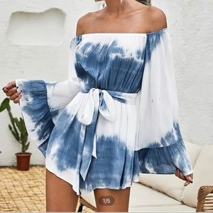 Exaggerated fluted sleeve tie dye romper